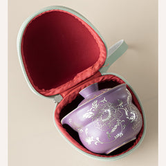 Purple Ru-Glazed Silver Peony Lotus Gourd Travel Tea Set