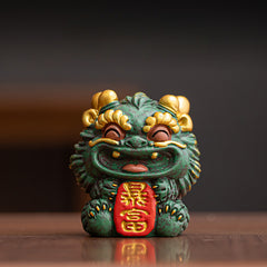 Prosperity Lion Figurine – Auspicious Feng Shui Ornament for Wealth & Fortune, Green Sandstone Sculpture with Gift Box