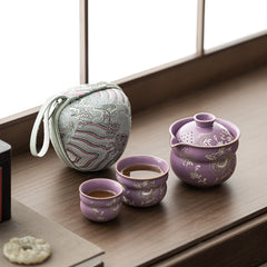 Purple Ru-Glazed Silver Peony Lotus Gourd Travel Tea Set