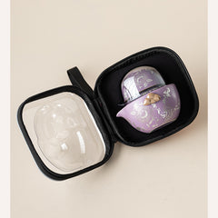 Chinese Style Purple Ru-Glazed Travel Tea Set – Teapot with 2 Cups, Lotus Motif, Portable Ceramic Gongfu Kit