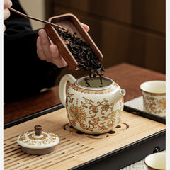 Ru Kiln “Golden Blossom & Blessing” Travel Tea Set – Portable Ceramic Teapot, Tray & Accessories