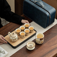 Ru Kiln “Golden Blossom & Blessing” Travel Tea Set – Portable Ceramic Teapot, Tray & Accessories
