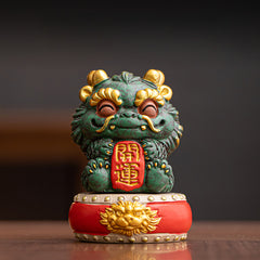 Prosperity Lion Figurine – Auspicious Feng Shui Ornament for Wealth & Fortune, Green Sandstone Sculpture with Gift Box