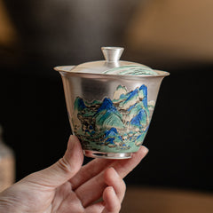 A Thousand Miles of Rivers and Mountains Silver-Inlaid Gaiwan – 120ml Ru Kiln Covered Teacup, Luxury Gongfu Tea Bowl Gift Set