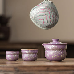 Purple Ru-Glazed Silver Peony Lotus Gourd Travel Tea Set