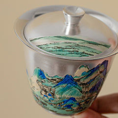 A Thousand Miles of Rivers and Mountains Silver-Inlaid Gaiwan – 120ml Ru Kiln Covered Teacup, Luxury Gongfu Tea Bowl Gift Set