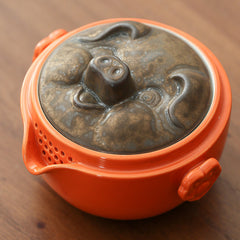 “Shishi Ruyi” Persimmon Travel Tea Set – Portable Ceramic Teapot & Cups