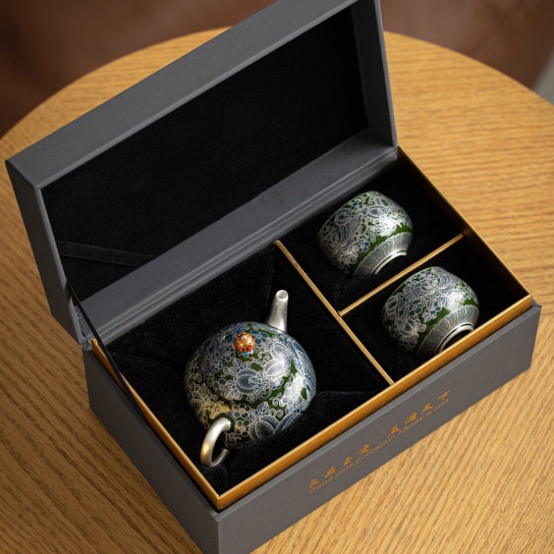 Handmade Silver-Glazed Ceramic Tea Set - 180ml Pot with 2 Cups