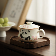 Ding Kiln Beige Panda & Butterfly Mug – Floral-Rim Ceramic Tea-Coffee Cup with Infuser