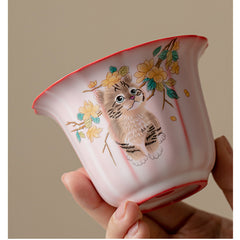Zhurong Glaze Gaiwan – 120ml Yellow Floral Cat Three-Part Covered Bowl, Ceramic Gongfu Teaware