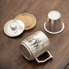 “Ink Mountains” Sterling-Silver Office Mug – Luxury Chinese Tea Infuser Cup with Gift Box