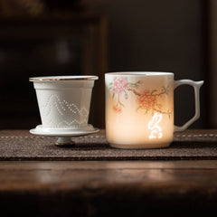 Linglong White Porcelain Office Mug – 400ml Tea-Separating Ceramic Cup with Lid & Infuser