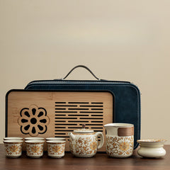 Ru Kiln “Golden Blossom & Blessing” Travel Tea Set – Portable Ceramic Teapot, Tray & Accessories