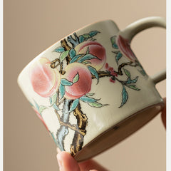 Vintage Ru Kiln “Nine Peaches” Ceramic Coffee Mug – Elegant Retro Cup for Women