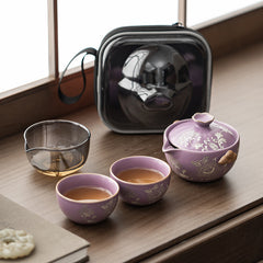 Chinese Style Purple Ru-Glazed Travel Tea Set – Teapot with 2 Cups, Lotus Motif, Portable Ceramic Gongfu Kit