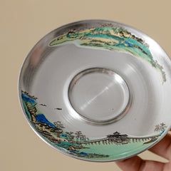 A Thousand Miles of Rivers and Mountains Silver-Inlaid Gaiwan – 120ml Ru Kiln Covered Teacup, Luxury Gongfu Tea Bowl Gift Set