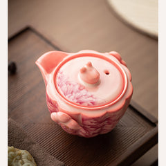 Rose-Pink Glazed "Peony Elegance" Travel Tea Set – 1 Teapot & 2 Cups, Portable Ceramic Kung Fu Teaware
